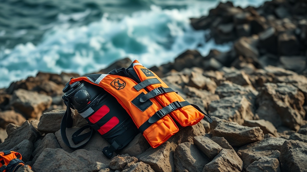 거친 파도가 치는 갯바위 위에 놓인 구명조끼와 안전 장비들