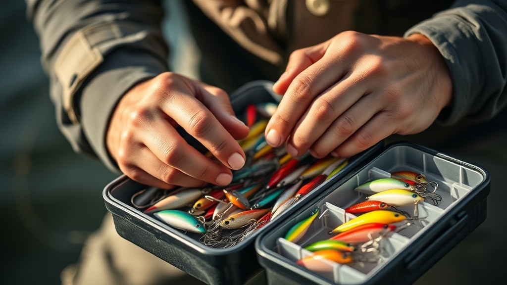 다양한 종류의 루어와 낚시 바늘이 정리된 태클박스를 점검하는 낚시꾼의 손