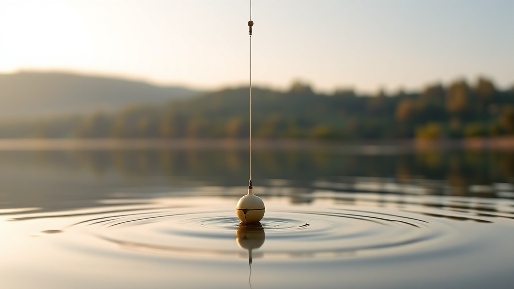 잔잔한 저수지 수면 위에 정교하게 세워진 낚시 찌와 주변 풍경